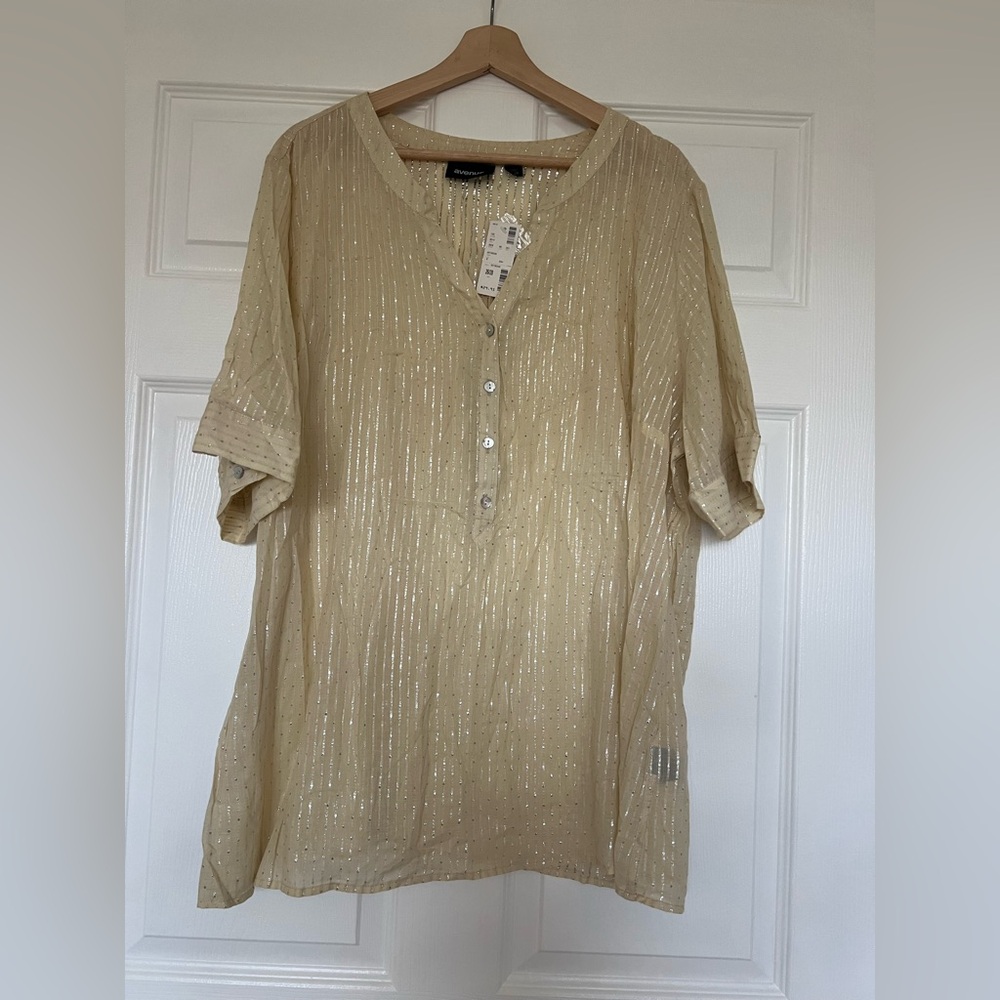 NWT Avenue Women’s Plus Size 26/28 silver metallic stripe split-neck blouse.
